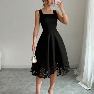 Minimalist Black Fit-and-Flare Dress Square Neck Sleeveless Laser Cut Lace Hem Casual Wedding Guest Dress