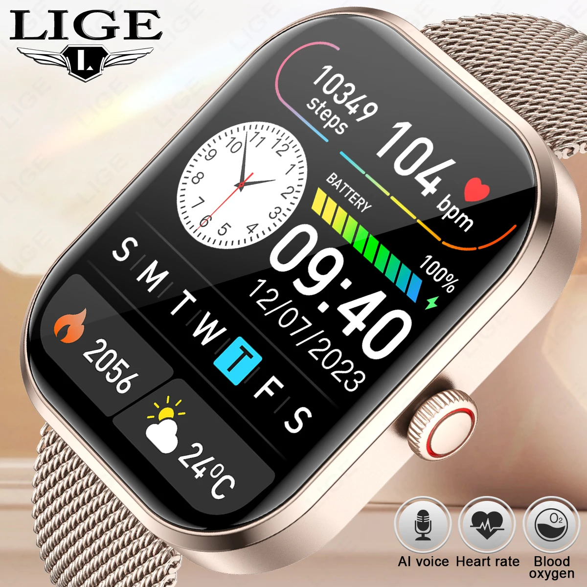 LIGE 2.01” HD Screen Custom Watch Face Smart Watch Women Waterproof Sport Ladies Watches BT Call Health Monitor Women Smartwatch