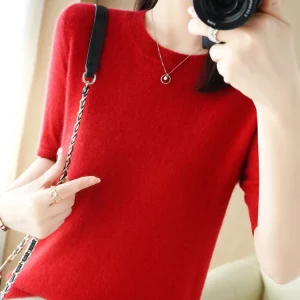 New Short-sleeved Knitwear Women O-neck T-shirt Wool Cotton Blend Pullover Vest Sprig Summer Bottoming Tops Sweater Solid Soft