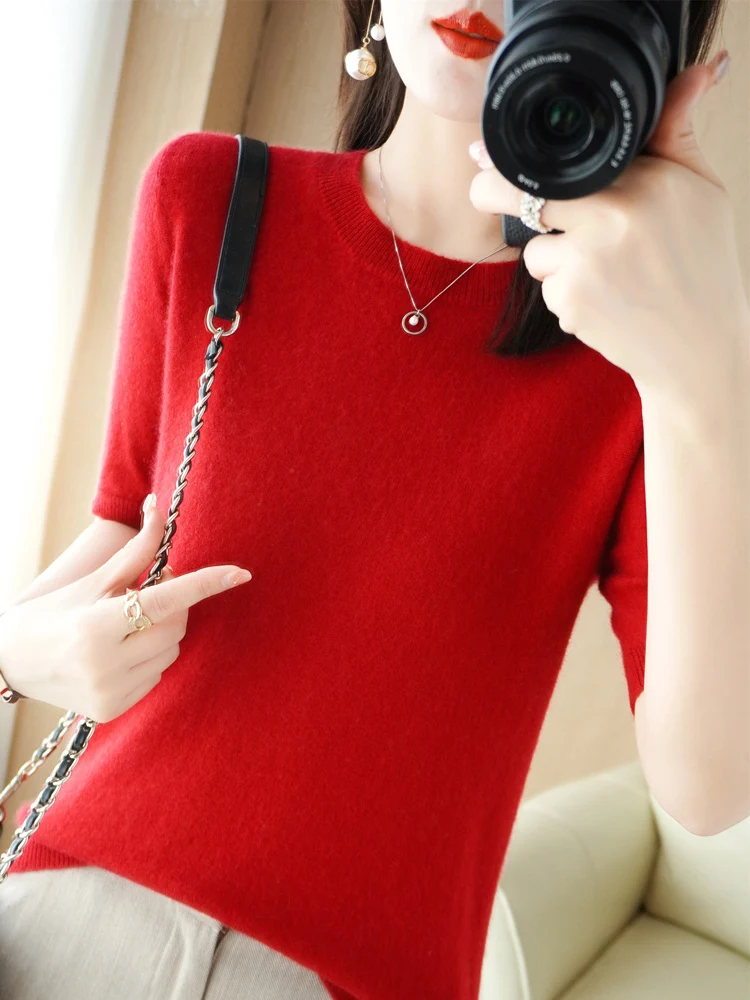 New Short-sleeved Knitwear Women O-neck T-shirt Wool Cotton Blend Pullover Vest Sprig Summer Bottoming Tops Sweater Solid Soft - Image 26