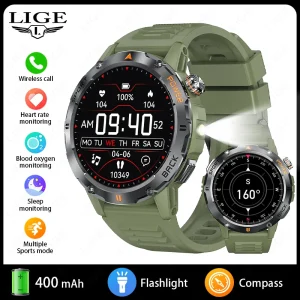 LIGE Smart Watch Men's Sports Watch Compass Flashlight 400mAh Large Battery Bluetooth Call Outdoor Waterproof Durable Smartwatch