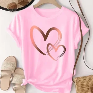 Summer New Fashion Women's Heart Printed T-shirt Trendy Casual Round Neck Top Short Sleeves Women T-shirt Women Clothing