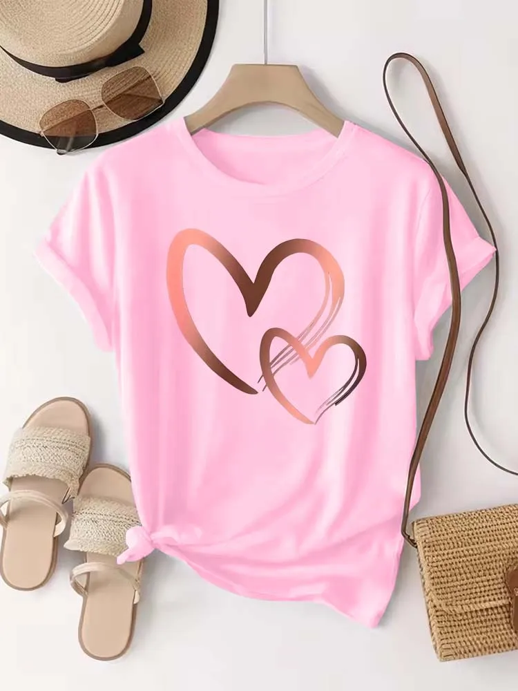 Summer New Fashion Women's Heart Printed T-shirt Trendy Casual Round Neck Top Short Sleeves Women T-shirt Women Clothing - الصورة 2
