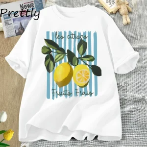 Summer Lemon T-shirt Vintage Cottagecore French T Shirt Cotton Lemon Tee Shirt Vacation Beach Tshirt Casual Short Sleeve Tops