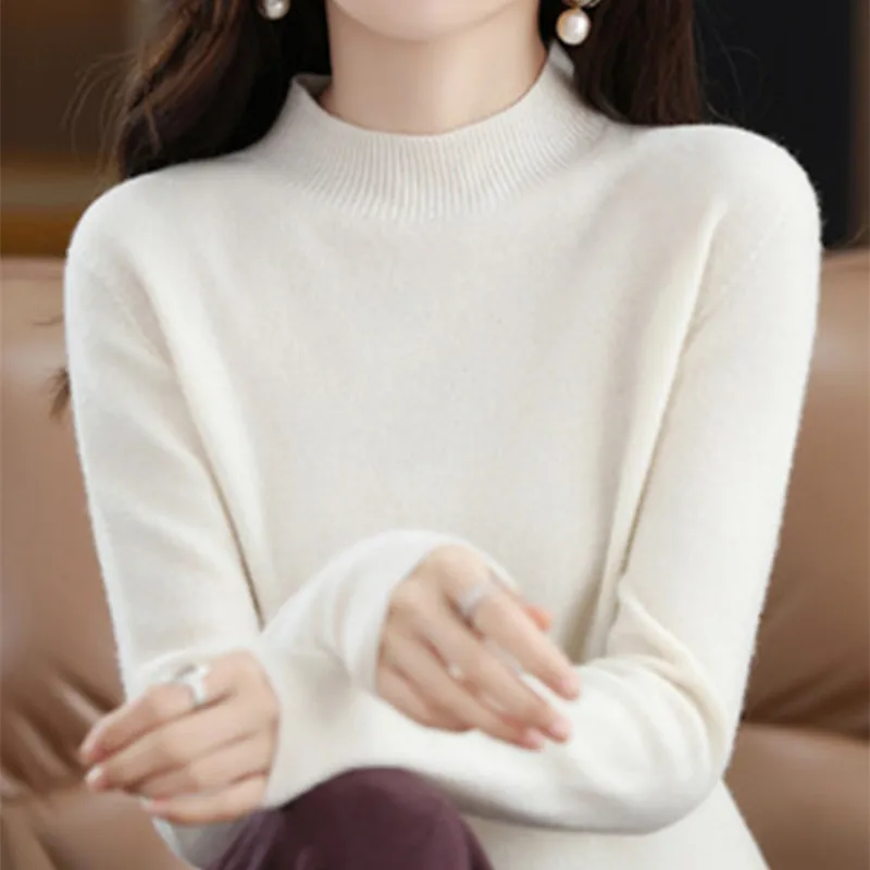 Half High Solid Color Cashmere Sweater For Women Loose Pullover Autumn and Winter Contracted Commuter Basic Knitwear Top Base - الصورة 11