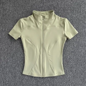 Summer High Quality Waist Slimming Training Tops Women's Quick-drying Tight Stand Collar Full Zipper Short Sleeves Yoga shirts