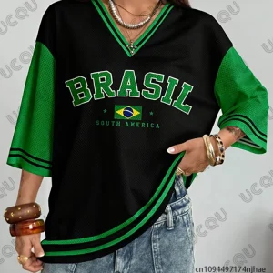 Summer New Vintage Brazil Print Women V-Neck T Shirt Patchwork Short Sleeve Sports Tees Football Jersey Y2K Loose Oversized Tops