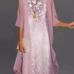 2024 Europe and the United States summer women's casual dress two-piece floral print round collar repair maxi