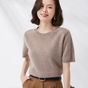 Spring and Summer New Short-sleeved Women O-neck Slim Wool Cotton Blend Pullover Vest T-shirt Knitted Base Sweater