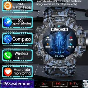 New Military Outdoor Sports Smart Watch Men Bluetooth Call Heart Rate Sports Fitness Compass IP68 Waterproof Rugged Smartwatch