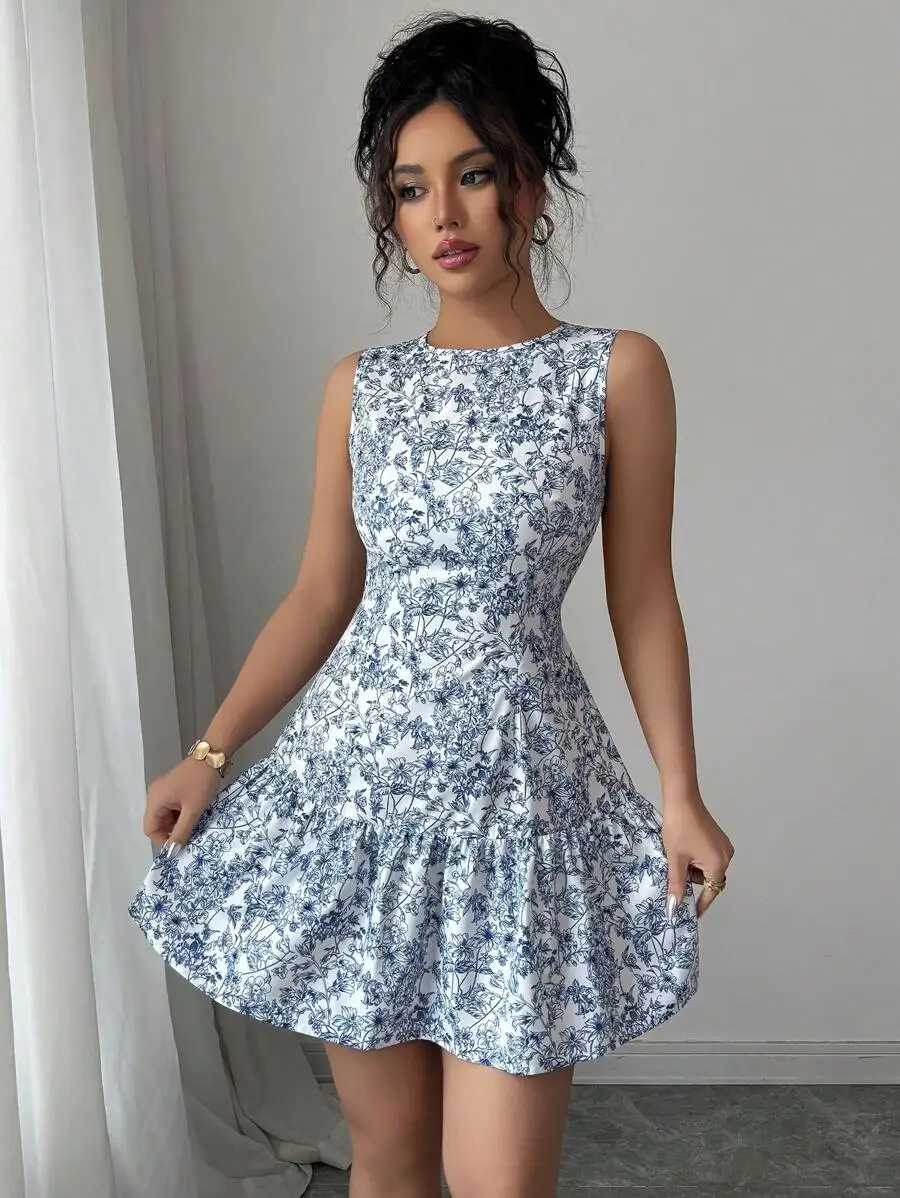 Spring/Summer Boho And French-Style Blue And White Floral Dress, Sleeveless With A Round Neckline - Image 3