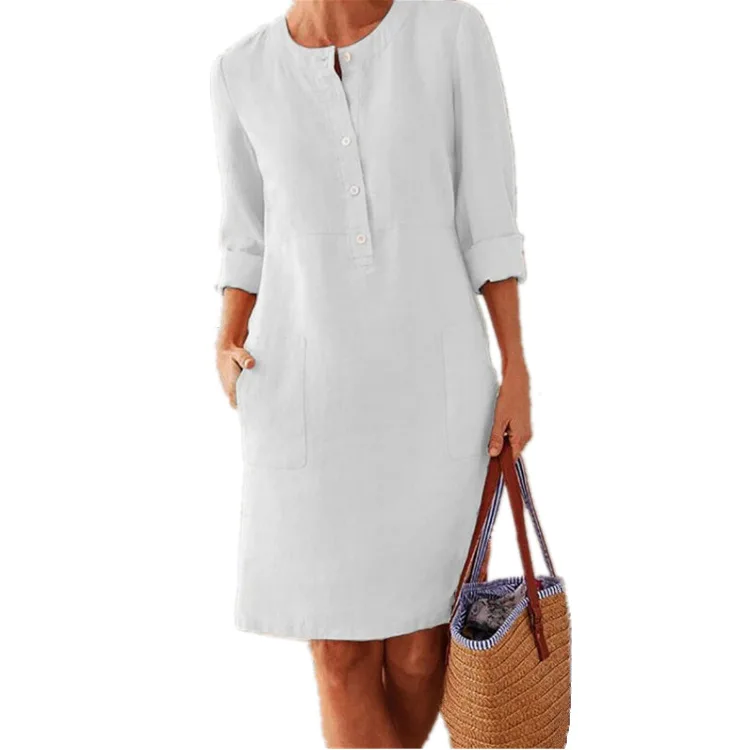 Women Casual Soild Long Sleeve Cotton And Linen Tunic Dress Vintage Straight Dress Long Sleeve Oversized Mini Knee-Length Dress - Image 9