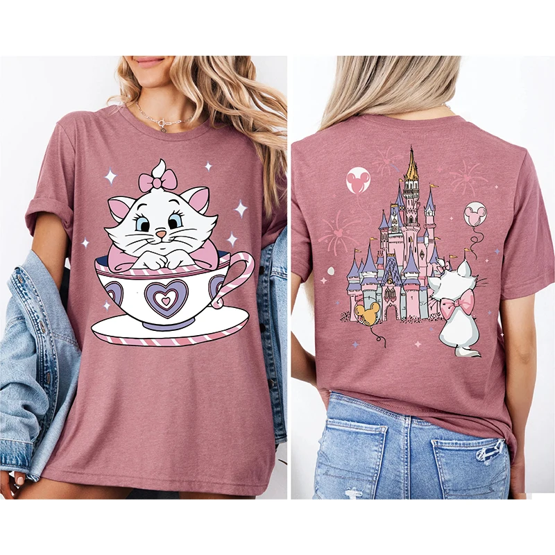 2025 Summer New The Aristocats Cartoon Anime Printed T-shirt Women's Fashion Casual T-shirt Mary Cat Crazy Teacup Party Shirt - الصورة 7