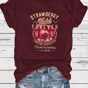 Harajuku Strawberry Fields Forever Letter Print Women T Shirt Short Sleeve Crew Neck Summer Casual Top for Women Clothes Shirts