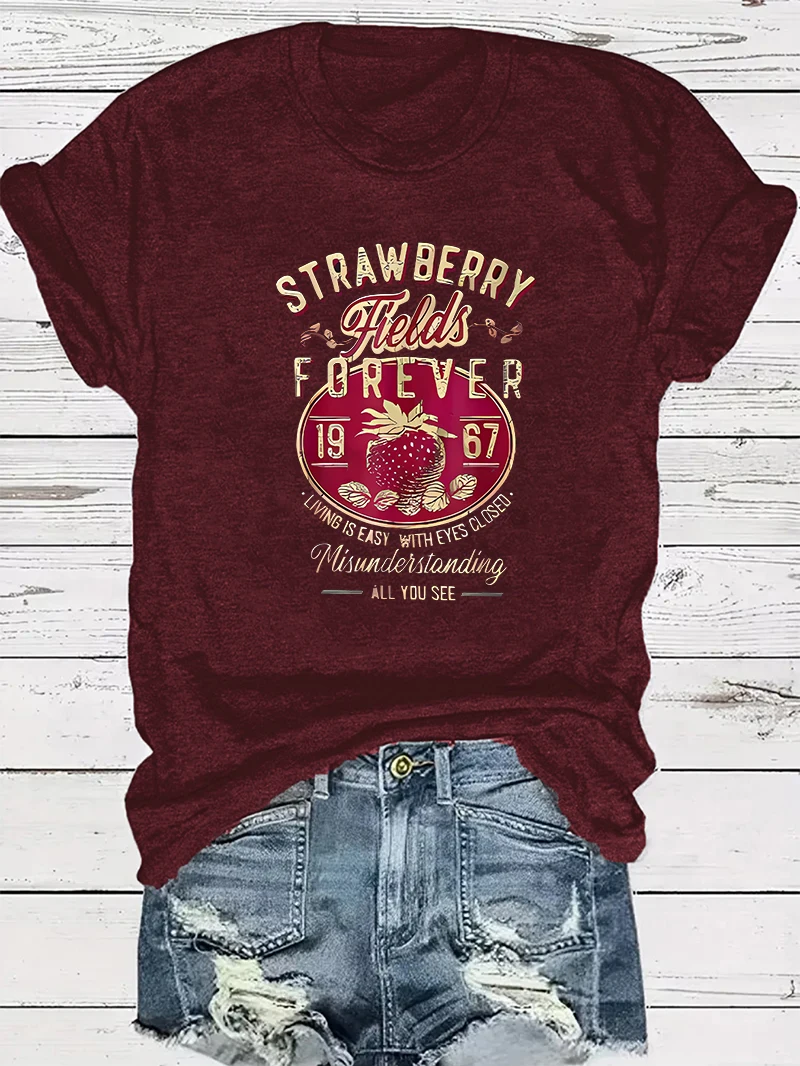 Harajuku Strawberry Fields Forever Letter Print Women T Shirt Short Sleeve Crew Neck Summer Casual Top for Women Clothes Shirts - الصورة 2