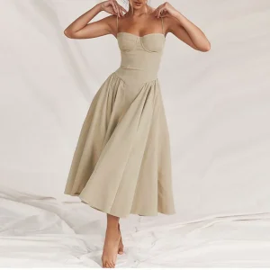 Summer Women Elegant Sleeveless Backless Pleated Dresses Lady Sexy Solid Sling Midi Dress 2024 Female Party Evening A-line Robes