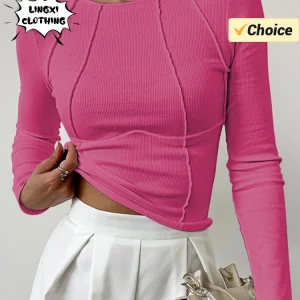 T-shirt Spring/Summer Women's Slim Fit Casual Round Neck Basic Pullover Chest Shape Stitching Long Sleeve Sports Dopamine Shirt