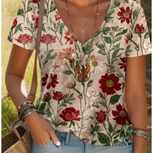 Summer New Women's T-Shirt 3D Vintage Floral Print V Neck Short Sleeve Shirt Fashion Ladies T-Shirt Clothing Y2k Women's T-Shirt