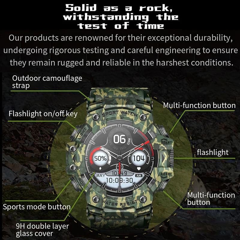 2026 New Military Outdoor Smart Watch Men 100+Sports Fitness Compass Heart Rate Bluetooth Call IP68 Waterproof Rugged Smartwatch - Image 6