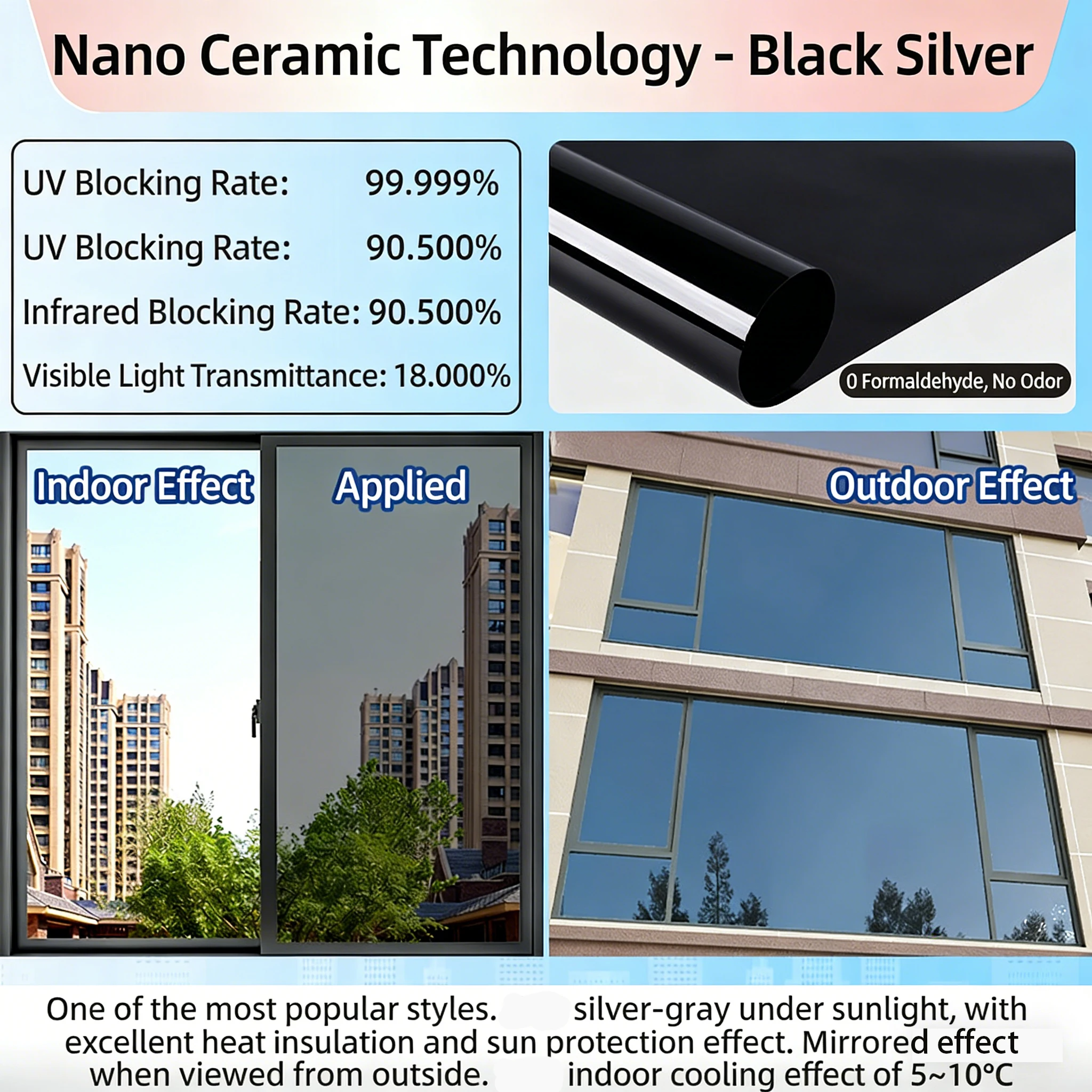 One Way Mirror Window Film, Daytime Privacy See Out Not In, Static Cling Sun Control Tint for Home and Office Windows - الصورة 7