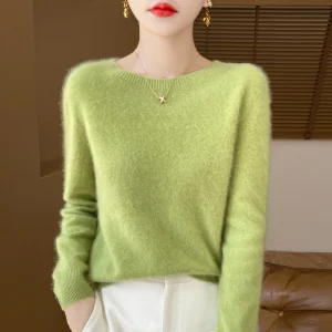 100% Merino solid color sweater ladies autumn and winter new solid color O-neck long sleeve warm fashion loose knit sweater