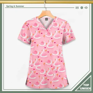 Surgical Uniform Printing Holiday Beautiful Shirt V-neck Style Pocket Design Blouse Surgical Top Woman Men Nurse Medical Uniform