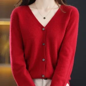 Women Cardigans V-neck Long Sleeve Knitted Outerwear Solid Thin Spring Autumn Sweaters Knitwears Korean Fashion Red Cardigans