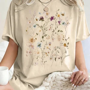 Beautiful Flower Clusters Printing Woman T-Shirt Summer Oversized Short Sleeve O-Neck Cotton T Shirts Y2K Women Sports Tops