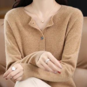 Aliselect Autumn Winter Women 100% Merino Wool Sweater O-Neck Tops Long Sleeve Basic Cashmere Knitwear Cardigan Clothing Coat