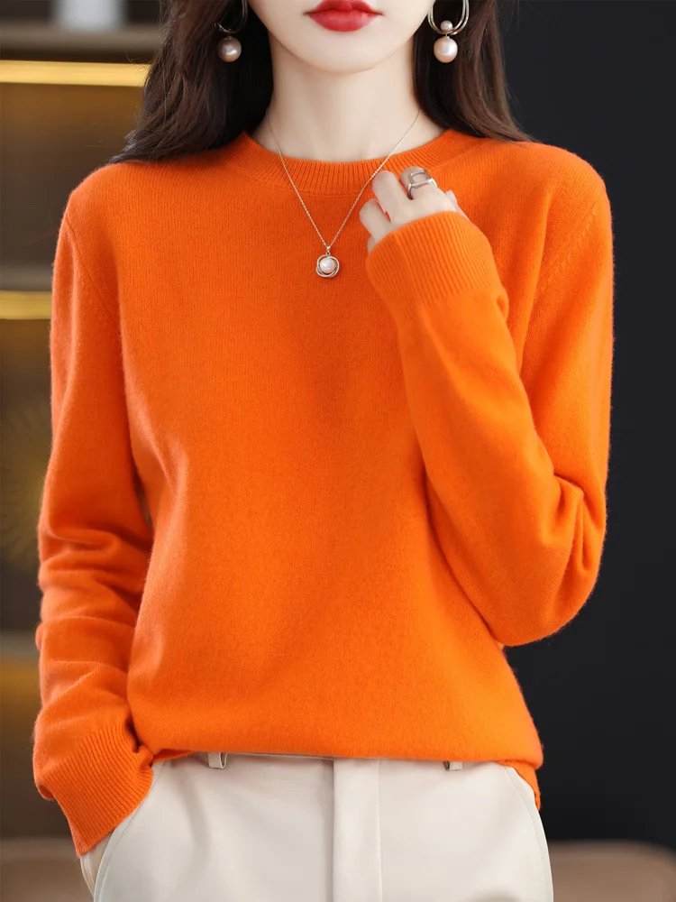 Fashion 100% Merino Wool Sweater Elegant Cashmere Pullover Women O-Neck Long Sleeve Knitwear Basic Clothing Jumper Tops - Image 14