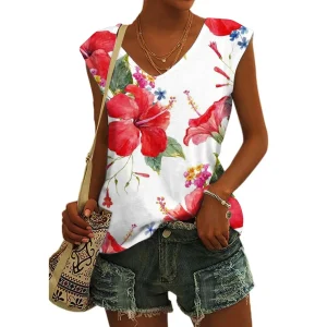 Women's Basic T-shirts Blue Flower Printed Breathable V Neck Cap Sleeves Tank Tops Vintage Summer Beach Loose Fit Tees Tops