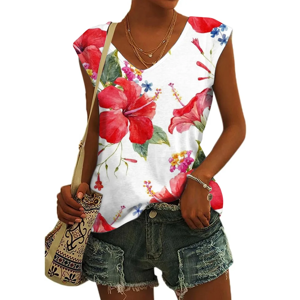 Women's Basic T-shirts Blue Flower Printed Breathable V Neck Cap Sleeves Tank Tops Vintage Summer Beach Loose Fit Tees Tops - Image 23
