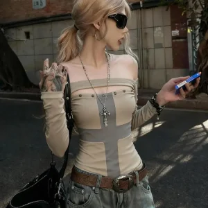 Erwofeina Patchwork Cross Graphic T Shirts Women Clothes Long Sleeve 2000s Clothes Y2k Hollow Out Tees Female Spring Tops Autumn