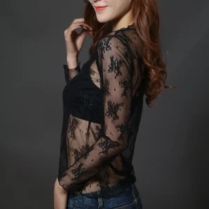 Women Half High Collar Lace Bottomed Blouse Spring And Autumn  Hollow Mesh Top Sexy Western-style Long Sleeve T-shirt Crop Top