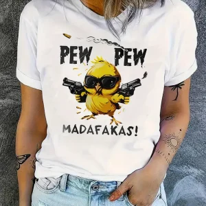 Women's Casual Graphic T-Shirt with Playful Chick PEW PEW MADAFAKAS Print Short Sleeve T Shirt Clothing Top Tee