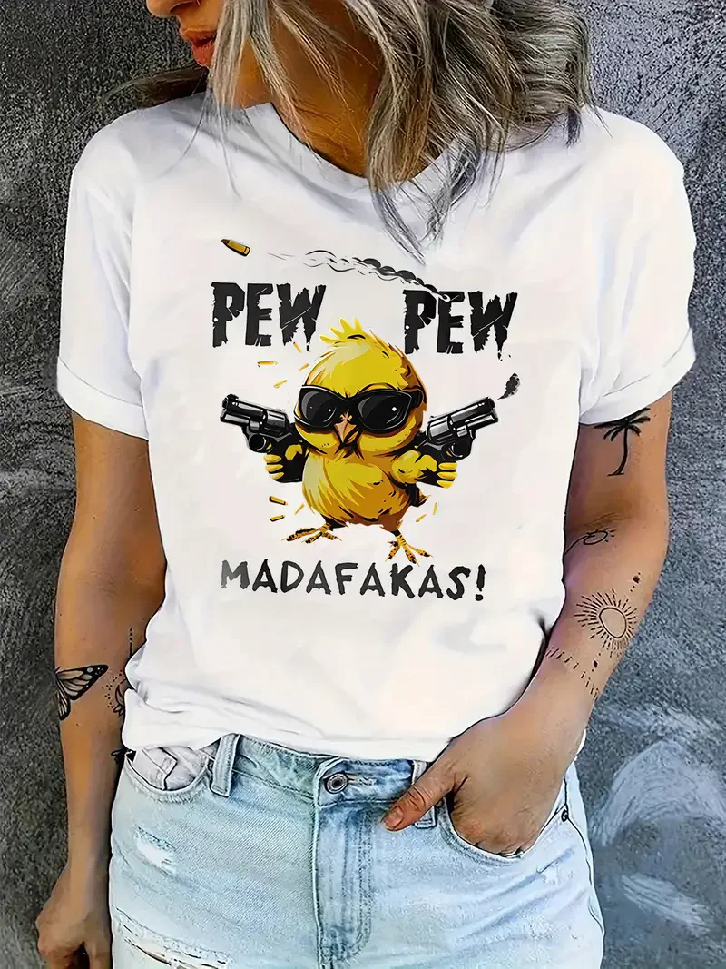 Women's Casual Graphic T-Shirt with Playful Chick PEW PEW MADAFAKAS Print Short Sleeve T Shirt Clothing Top Tee - Image 2