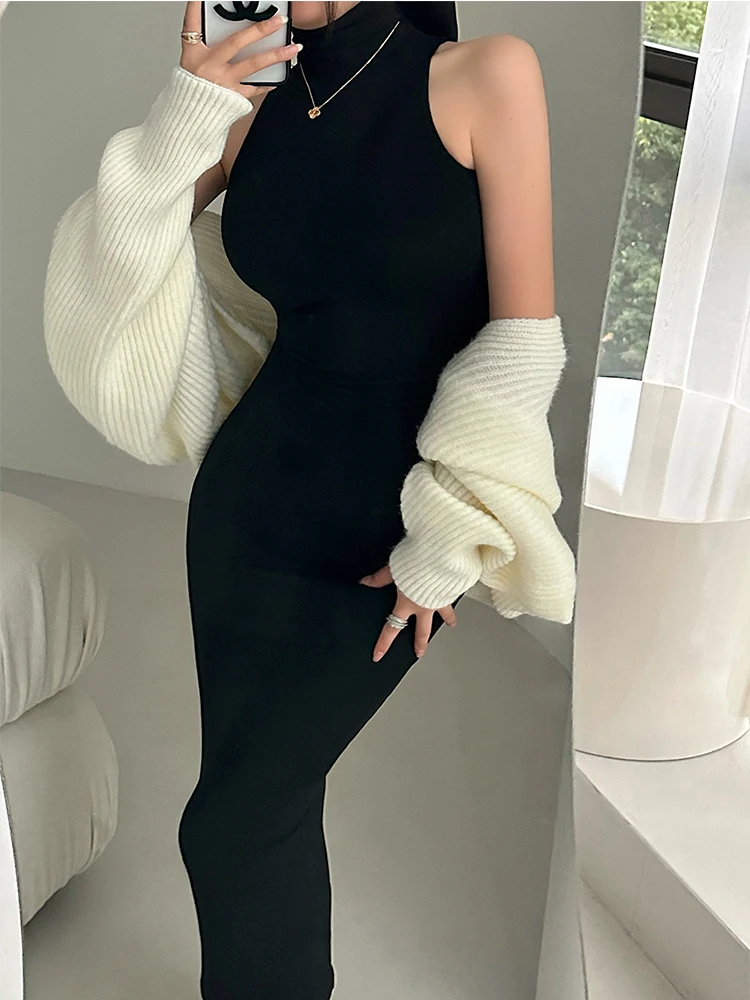 Red Skinny Sexy Turtleneck Midi Dress Women Evening Party Ladies Elastic Hip Wrap Elegant Bodycon Dresses Y2k Clothing - الصورة 7