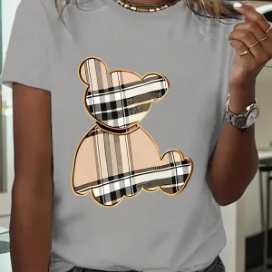 Women's Sporty Casual Striped Bear Print T-Shirt - Breathable Moisture-Wicking Lightweight Soft  Round Neck Short Sleeve Top