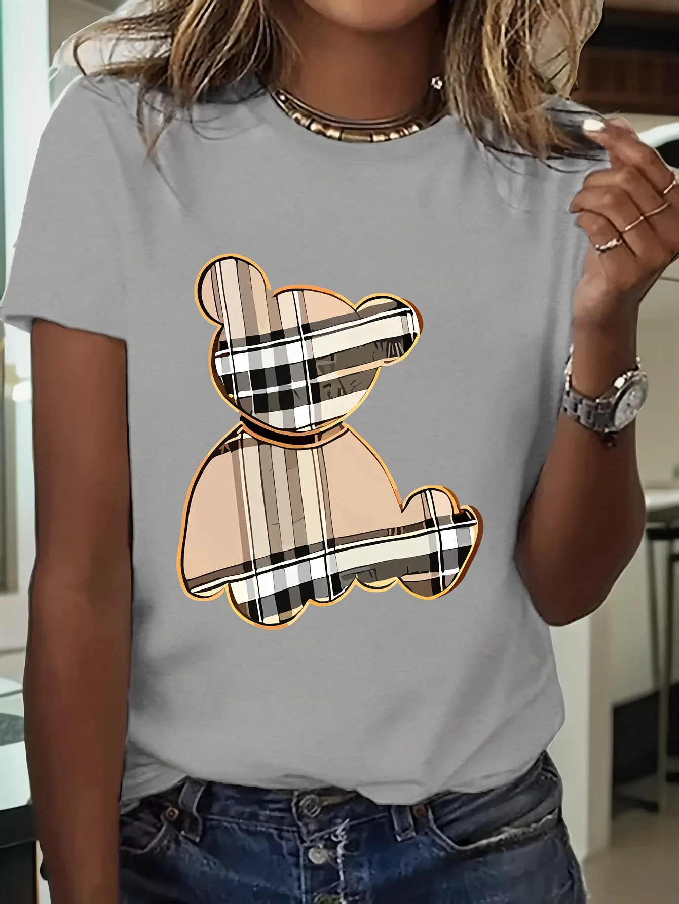 Women's Sporty Casual Striped Bear Print T-Shirt - Breathable Moisture-Wicking Lightweight Soft Round Neck Short Sleeve Top - Image 3