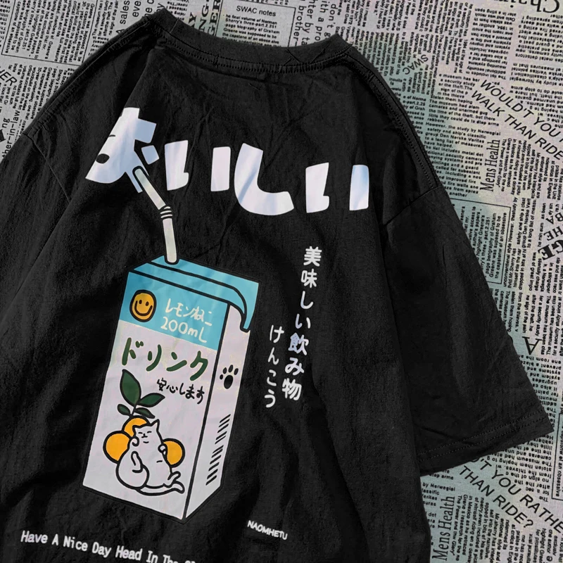Cute Japanese Cat Print Oversized T-shirt Women Men Short Sleeve Loose Casual Tee Shirt Streetwear Tops Cotton Harajuku Clothing - الصورة 16