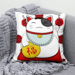 Lucky Cat Japanese Style Sofa Bed Decorative Pillow Cover Home Decor Mount Fuji Art Cushion