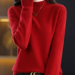 Women 100% Merino Wool Sweater For Autumn Winter  First Line Seamless Half-high Collar Pullover Basic Top OL Solid Soft Cashmere