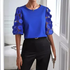 Summer and Autumn fashionable Solid Color Lace long sleeved round neck Tops blouse shirt for women