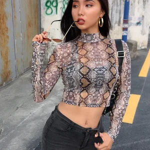 Casual Green Snake Print T Shirt Women Mesh Top Long Sleeve Transparent Snakeskin Female T-shirt High Neck Crop Tops