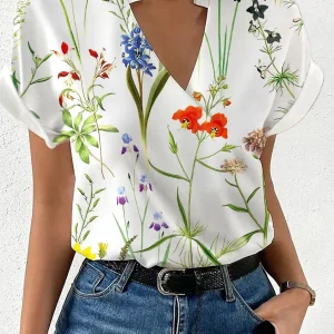 Elegant Blouse Printed Short Sleeve Shirts 2024 Summer Office Lady Cross V-Neck Flower Shirt S-XXL