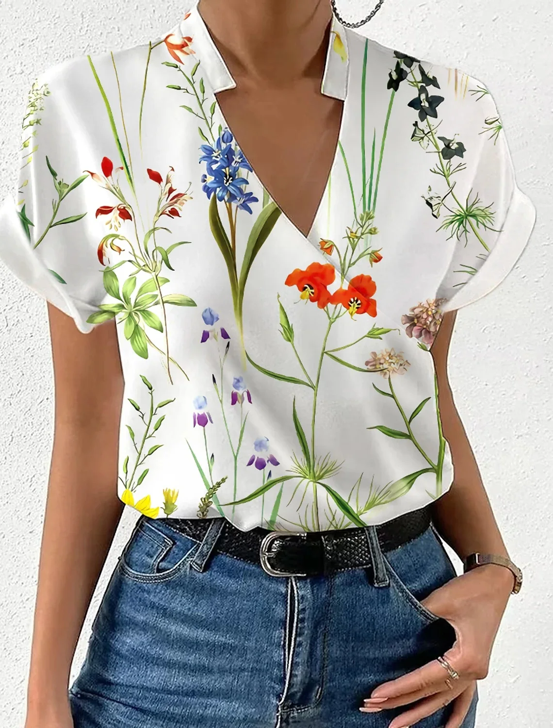 Elegant Blouse Printed Short Sleeve Shirts 2024 Summer Office Lady Cross V-Neck Flower Shirt S-XXL - Image 3