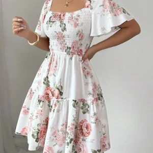 Women Floral Print Sashes Ruffle Hem Short Sleeve Casual Dress, Vacation Style Women's Evening Dresses