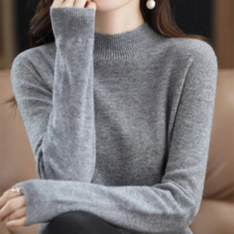 Half High Solid Color Cashmere Sweater For Women Loose Pullover Autumn and Winter Contracted Commuter Basic Knitwear Top Base - الصورة 13