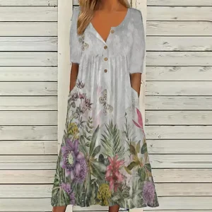 2026 New European & American Women's Spring Trendy Printed V-Neck Button Short-Sleeve Maxi Dress