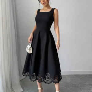 Minimalist Black Fit-and-Flare Dress Square Neck Sleeveless Laser Cut Lace Hem Casual Wedding Guest Dress